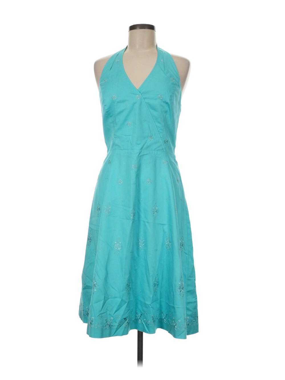 Y2K Turquoise Embroidered Backless Halter Midi Cocktail Dress Size 4 Petite